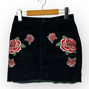 Forever 21 Black Velvet Mini Skirt with Embroidered Roses S